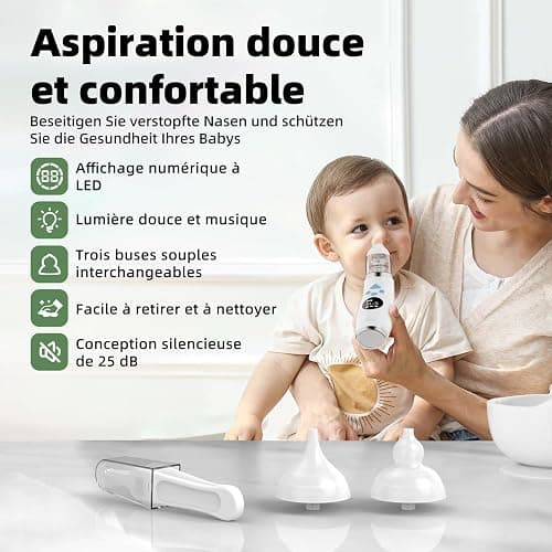 Mouche Bebe Electrique, Mouche nez Bébé confort 5 niveaux d'aspiration mouche-bébé 3 tailles Embout musique et lumière apaisantes affichage LED portable thumbnail 2