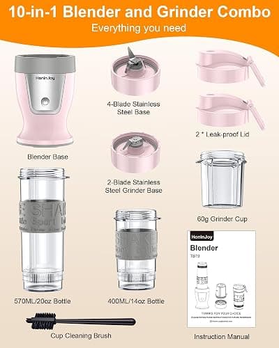HoninJoy Smoothie Blender, 650W Personal Blenders for Shakes and Smoothies with Grinder Cup & 2 BPA-Free Portable Cups (20oz+14oz), Portable Blender for Juices, Smoothies Maker for Kitchen, Pink thumbnail 7