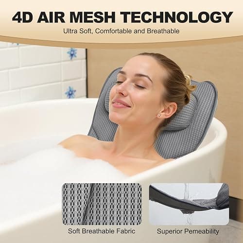 Extra Long Thick Full Body Bath Pillow for Tub with Lumbar Pillow- Luxury 4D Air Mesh Bathtub Pillow with Head, Shoulder & Back Support, Non-Slip Bath Cushion with Suction Cups (Gray) thumbnail 2