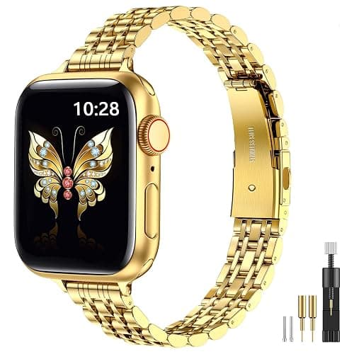 MioHHR Slim Metal Band Compatible with Apple Watch Bands 42/41/40/38mm | Thin Luxury Stainless Steel iWatch Bands Series 11/10/9/8/7/6/5/4/3/2/1/SE3/SE2/SE for Women,Gold - Image 1