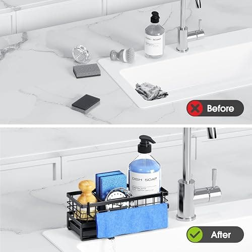 DYFVREN Kitchen Sink Sponge Holder, Rustproof Non-Slip Self-Draining Metal Sink Caddy with Detachable Dish Cloth Holder (Black) thumbnail 7