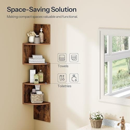 HOOBRO Corner Shelf Wall-Mounted, Set of 2 Floating Corner Shelves for Wall, 4-Tier Corner Bookshelves for Living Room, Bedroom, Bathroom, Home Office, Rustic Brown BF25BJP201 thumbnail 8