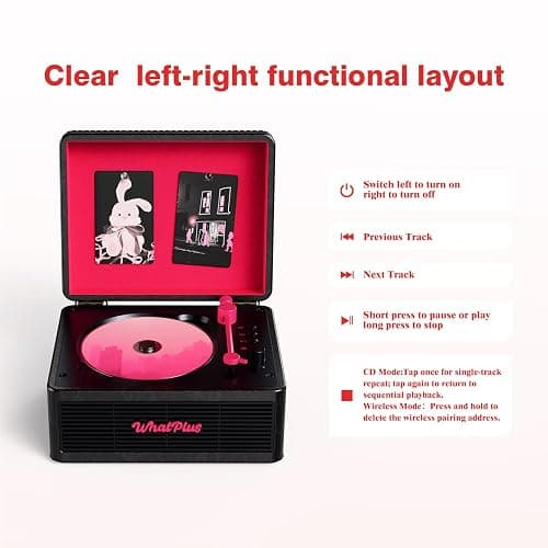 WhatPlus CD Player with Bluetooth Speakers, App Control, Magnetic Display | Color: Black and Pink. High-fidelity sound with a retro desktop design, ideal for home decor and gifting. thumbnail 6