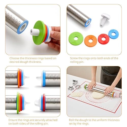 Rolling Pin with Thickness Rings, Fulimax 17" Adjustable Stainless Steel Rolling Pins for Baking, Dough Roller for Fondant Pizza, Pie, Pasta, Cookies, Cakes, Kitchen Baking Supplies thumbnail 4
