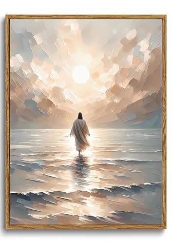 KISSFOX Jesus Canvas Wall Art Jesus Walking On Water Framed Wall Art Christian Religious Modern Serenity Prayer Canvas Art Prints Artwork For Prayer Room Living Room Bedroom Kitchen, 12x16 inch - Image 1
