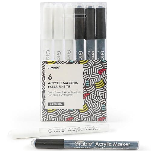 Grabie Black & White Extra Fine Tip Acrylic Paint Marker Set, 6 Pack, 0.7mm Acrylic Paint Pens for Highlights and Fine Details on Drawings, Rock Painting Glass Canvas Wood, White Highlight Markers thumbnail 7