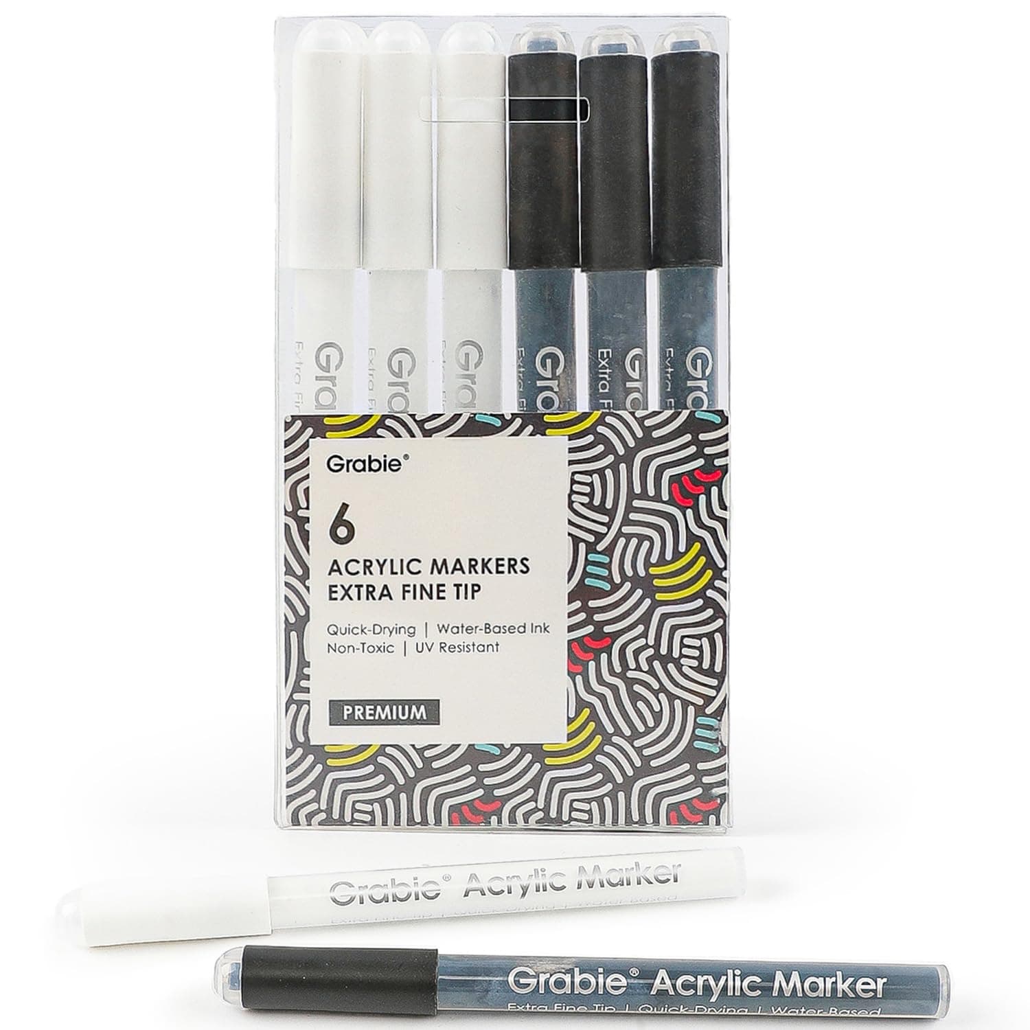 Grabie Black&White Extra Fine Tip Acrylic Paint Marker Set, 6 Pack, 0.7mm Acrylic Paint Pens for Highlights, White Highlight Markers thumbnail 7