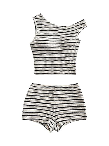 SOLY HUX Women's 2 Piece Striped Off The Shoulder Crop Tops and Mini Shorts Set Summer Y2K Going Out Outfits - Image 1