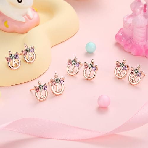 Stocking Stuffers for Girls Kids - 925 Sterling Silver Hypoallergenic Initial Unicorn Earring for Girl Jewelry Birthday Gifts Christmas Gifts for Grandkids Girls Kids thumbnail 6