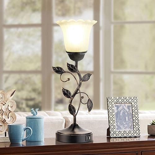 RORIANO Touch Bedside Lamp with 2 USB Charging Ports, 3-Way Dimmable Nightstand Lamps, White Glass Shade Vintage Rural Leaf Lamp for Living Room Tabletop Bedroom Side Table, LED Bulb Included thumbnail 3
