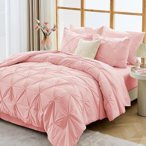 JOLLYVOGUE Queen Comforter Set 7 Pieces - Bed in a Bag Queen for All Season, Pintuck Bedding Comforter Sets with Comforter, Flat Sheet, Fitted Sheet and Pillowcases & Shams, Pink thumbnail 9