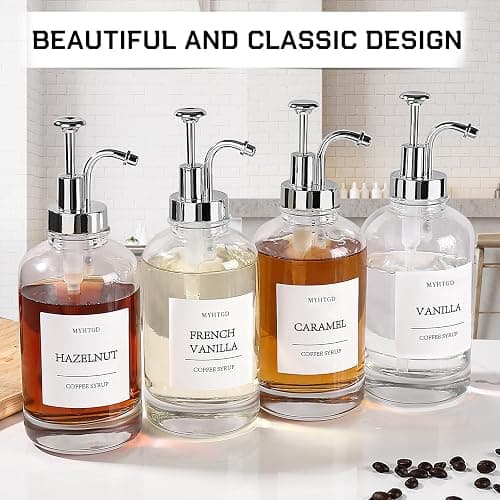 Coffee Bar Accessories,MHDCLY Coffee Syrup Dispenser - 4pack,16.9oz Syrup Dispenser with Labels ，Syrup Pump Dispenser for Coffee Bar(Silver pump) thumbnail 3