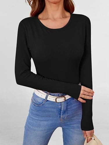 ANRABESS Women Long Sleeve Shirts Built-in Bra Crewneck Rib Knit Slim Fit Basic Tee Tops 2025 Fall Casual T-Shirt Base Layer thumbnail 2