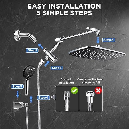 Veken 11.8" Rain Shower Head with Handheld, High Pressure Handheld Shower with Multi Spray Modes, Rainfall Combo with Metal Extension Arm, Detachable Dual Showerhead, Bathroom Decor, Chrome Silver thumbnail 8