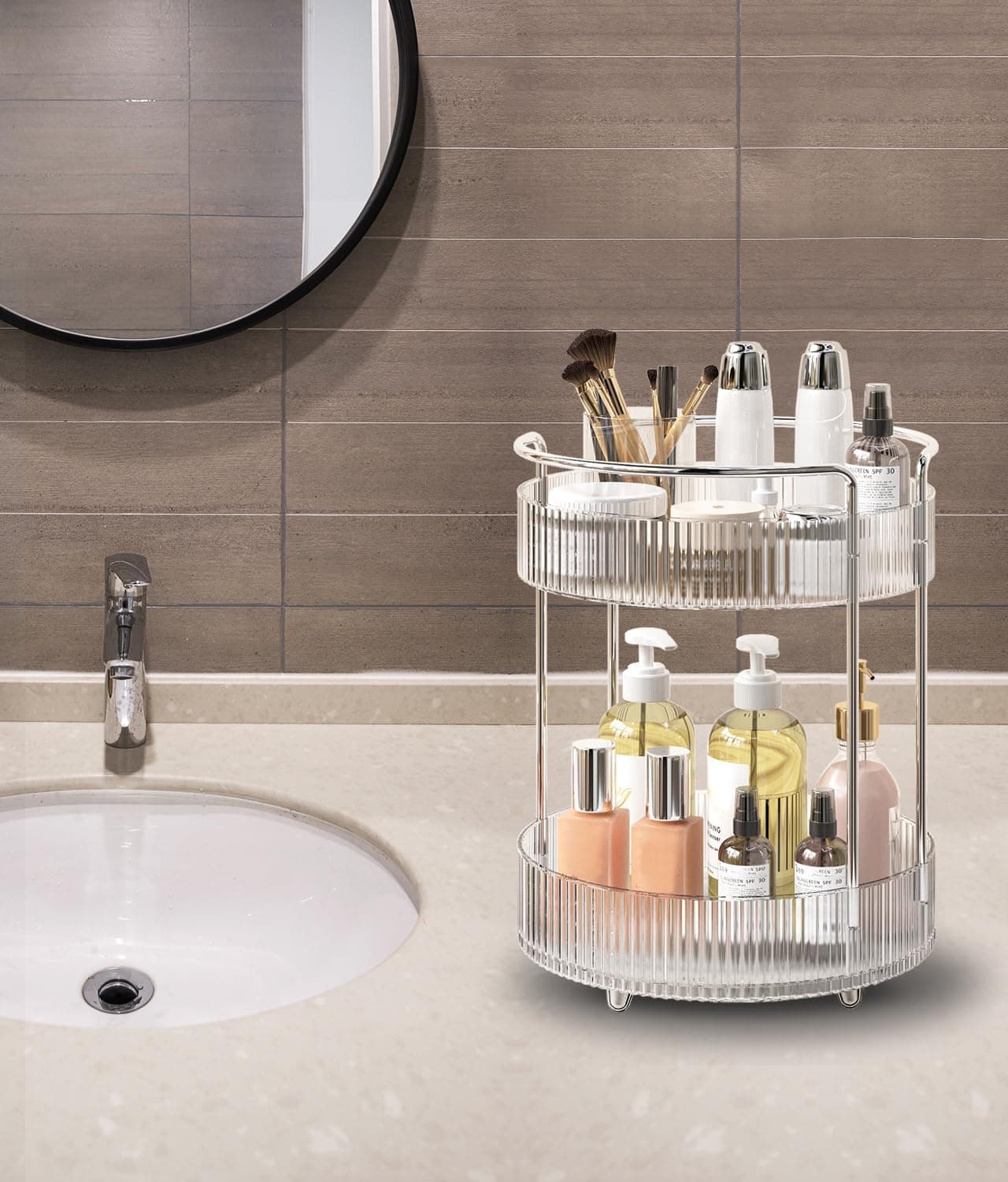 360° Rotating Makeup Organizer for Vanity, 2 Tier Skincare Perfume Organizers and Storage for Bathroom Countertop, Clear Make up Brush Holder Lazy Susan for Counter (Transparent, 2 Tier) - 9.4" x 9.4" x 15.7" thumbnail 4
