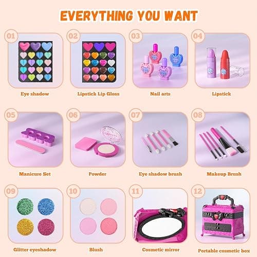 GORISPI Kids Makeup Sets for Girls, 66pcs Real Cosmetic for Kids Toys with Mirror, Princess Washable Girls Makeup Kit, Non-Toxic & Safe Brithday Gifts for 3 4 5 6 7 8 10 - 12 Years Old（Light Rose） thumbnail 3