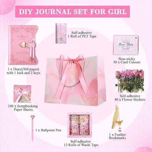Janlaugh DIY Journal Diary with Lock Set Scrapbook Kit Stationary Diary Supplies Art Crafts Kit for Birthday Holidays Ideal Gifts for Women Teen Girls(Pink,Classic) thumbnail 3