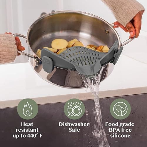 Kitchen Gizmo Snap N' Strain - Silicone Pasta Strainer Clip-On for Pots and Pans - Heat Resistant Colander for Vegetables and Noodles - Kitchen Gadgets for Cooking - Space-Saving Design - Gray thumbnail 6