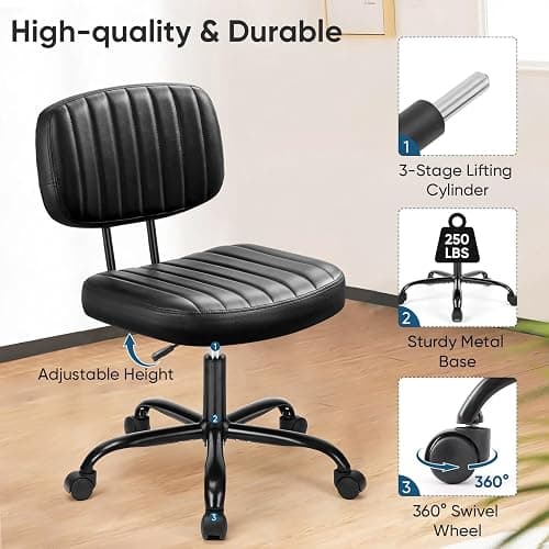 DUMOS Armless Office Desk Chair, Small Height Adjustable Computer Task Chair with Low Back Lumbar Support and 360° Swivel Rolling Wheels for Small Space, Kids and Adults, Dark Black thumbnail 5