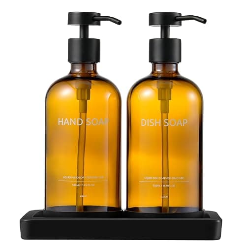 Janxin Glass Kitchen Soap Dispenser Set with Ceramic Tray,16.9 floz Hand and Dish Soap Dispenser for Kitchen and Bathroom Decor (Amber Bottles + Black Pumps) - Image 1