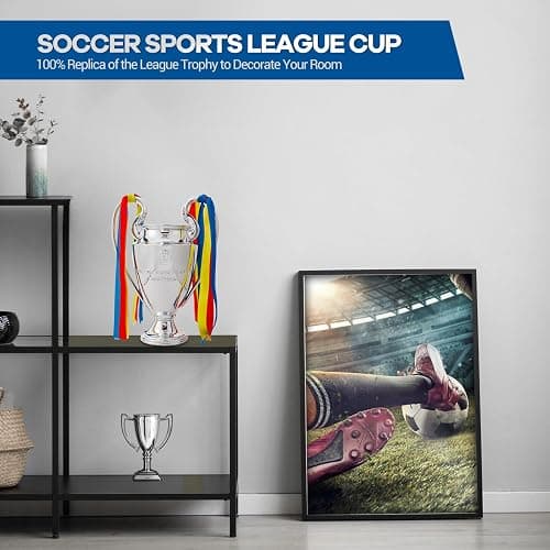 Emaraxy Champion Trophy, Sports League Cup, Champions League Replica, Resin Material, Medal, Keepsake Collection, Office Decoration Trophy, Chrome Plated Silver/Blue Ribbon thumbnail 3