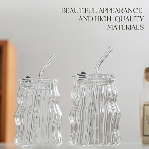 Ribbed Glass Cups with Lids and Straws – Unique Glasses for Iced Coffee, 18oz Vintage Design, Ideal Wavy Coffee Cups with Straws, Bubble Glass Aesthetic, Clear Ribbed Glasses thumbnail 6