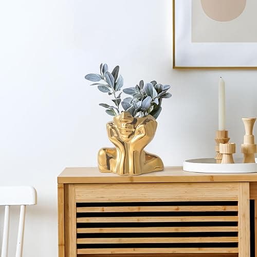 Gold Ceramic Human Face Decorative Vase - Shy Posture Modern Art Desktop Display for Bookshelf, Living Room, Office, Bedroom thumbnail 6
