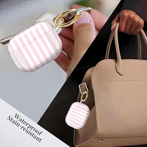 Compatible with AirPods Pro 3 (2025) Case Soft TPU with Cute Golden Keychain Cover Leopard Paint Case for Girls Women for Airpod Pro 3 - Pink Vertical Stripes thumbnail 2