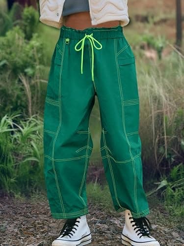 Fisoew Womens Wide Leg Cargo Pants Elastic Waist Water Resistant Contrast Stitch Loose Hiking Joggers with Pockets thumbnail 3