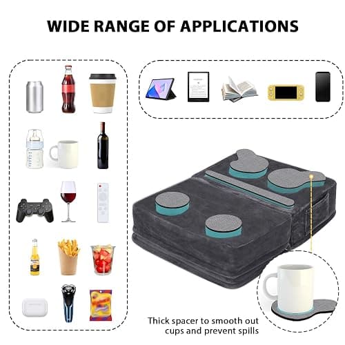 Couch Cup Holder Tray Pillow, Large Sofa Organizer Caddy with 6 Holes and Side Pocket Bed Refreshment Tray for iPad, Drinks, Remotes, Phones, Snacks, Removable & Washable (Grey) thumbnail 6