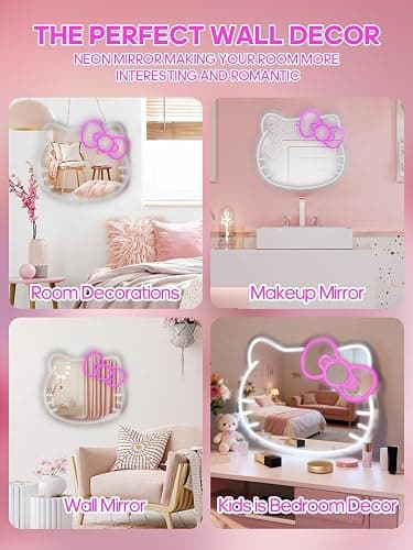 Anime Neon Sign Vanity, Bedroom Wall Mirror 16x14inch Large Size for Pink Room Decor, Makeup Mirror with Remote for Teen Girl Gifts for Birthday Christmas Halloween Thanksgiving Valentine's Day thumbnail 6