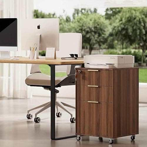 INNOD 3 Drawer Fluted Mobile File Cabinet with Lock, Rolling File Cabinet, Under Desk Wooden Filing Cabinets for Home Office (Walnut) thumbnail 6
