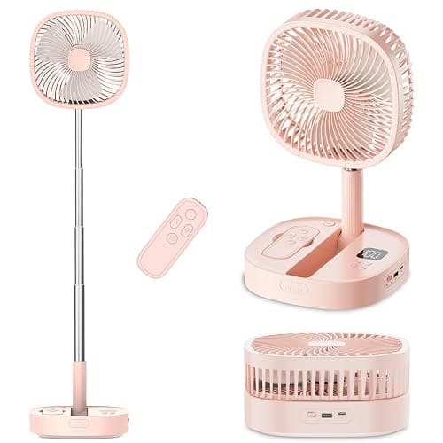 Dhenrio Portable Oscillating Pedestal Fan with Romote, 4 Speed 120° Telescopic Rotation Foldable Standing Collapsible Fans, 7200Mah Rechargeable, Quiet Timer DeskFan for Travel Camping Home, Pink - Image 1