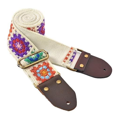 Guitar Strap, Crochet Flower Guitar Straps with Leather Ends for Acoustic, Bass, Electric Guitar,2 inch Wide -Crochet flower-white - Image 1