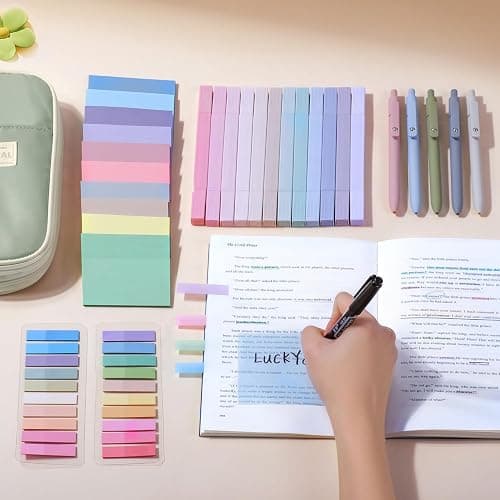 KOUDGY 49Pcs Book Annotation Kit - Aesthetic Pencil Case Bag with Highlighters Gel Pens and Marker, 900 Sheets Transparent Index Tabs Sticky Notes Bible Study Supplies (Green) - Green thumbnail 3