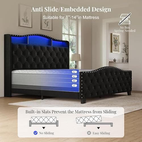 Belffin Queen Size Platform Bed Frame with 50.9" LED Headboard, Black | Velvet Upholstered Low-profile Bed, Handmade Tufting, Nailhead Wingback, Tall Footboard, Storage with Charger, Noise-Free thumbnail 5