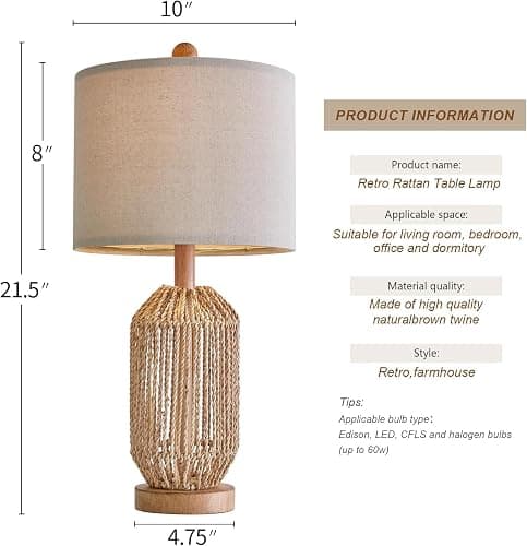 OYEARS 21" Boho Table Lamps Set of 2 for Living Room, Bedside Lamps for Nightstand, Rattan Lamp for Bedroom, Farmhouse Table Lamps for Boho Decor, End Table, Retro, Brown thumbnail 3