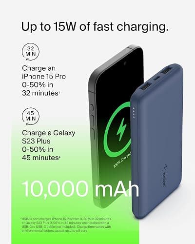 Belkin Portable Charger, USB C Power Bank 10000 mAh w/ 2xUSB-A Ports, 15W w/ Type-C to Type-A Cable - iPhone 17, Air, Pro, Pro Max, Samsung Galaxy S25, Nintendo Switch 2, Google Pixel 10, etc. - Blue thumbnail 6