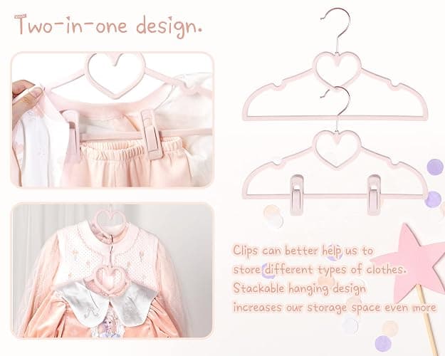 Pink Heart Velvet Baby Hangers - 50pack 13inch Toddler Hangers with 20pcs Clips, Premium Velvet Strong and Durable Baby Clothes Hangers Without Slipping, Ultra Slim and Stackable Space Saving thumbnail 4
