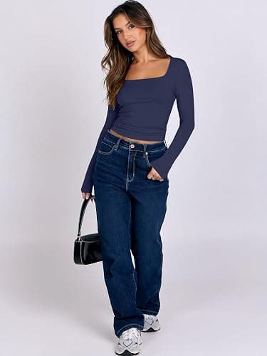 ANRABESS Women Double Lined Long Sleeve Crop Tops Shirts Square Neck Tight Fitted Going Out T-Shirt Basic Tee Outfits 2025 thumbnail 4