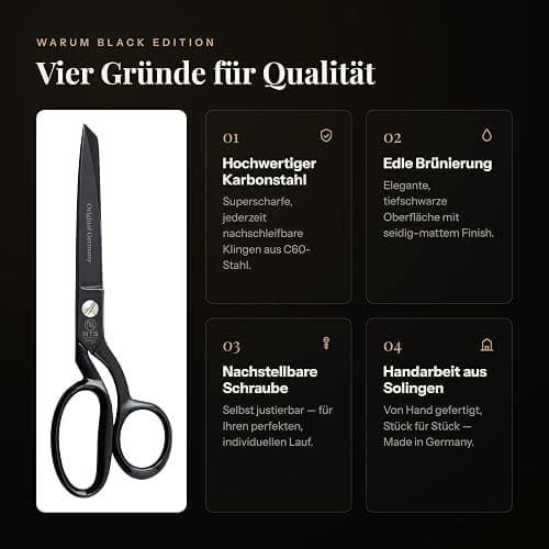 NTS-Solingen Black Edition | Schneiderschere | Stoffschere | Schere aus Karbonstahl | Schwarz Brüniert | Super Scharf | Hergestellt in Solingen | 23 cm = 9,0" thumbnail 4