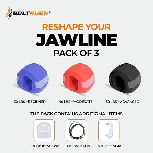 BOLT RUSH Jaw Exerciser (Pack of 3), Jaw Trainer for Jawline,3 Levels of Resistance - Includes 12 x Biting Strips, 4 x Neck Straps, Jaw Toner for Face thumbnail 2