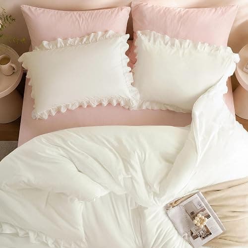 JANZAA Cream White Comforter Set Full, Ruffle Soft Bedding | microfiber bed set with 2 pillow sham ruffle design lightweight warmth breathable bedding machine washable thumbnail 9