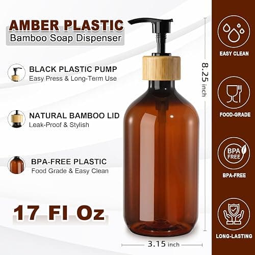 KASUNTING Amber Soap Dispenser Plastic, Brown Dish Soap Dispenser with Bamboo Pump for Kitchen,17 Fl Oz Hand and Dish Dispenser Set for Bathroom, Farmhouse Liquid Soap and Lotion Dispensers Bottle thumbnail 4