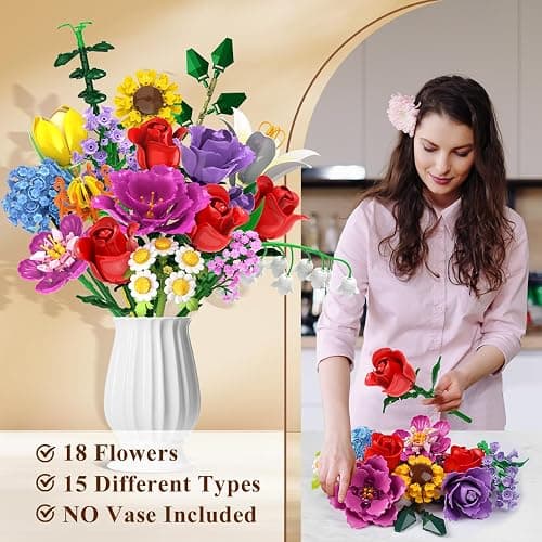 PLAXSOON Flower Bouquet Building Set, 18 Flowers Rose Building Block, 1065 PCS Botanical Collection Building Block Toy Plant Home Decor, Gift for Her Adults Women Kids Boys Girls 12+ thumbnail 3