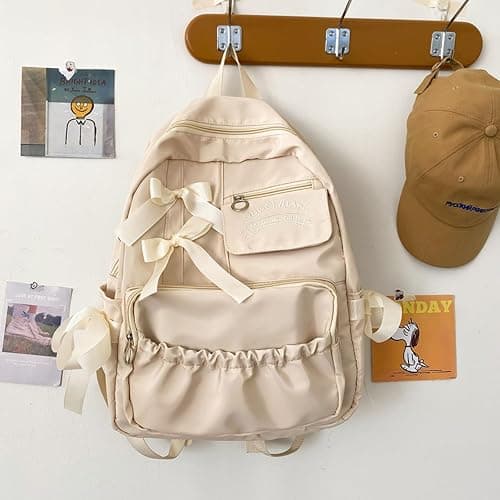 semmoi Backpack with Attached Bow-Knots - Ideal for Day-to-Day Use, Kawaii Backpack, Y2k, Aesthetic Cute Backpack (Off white) thumbnail 2