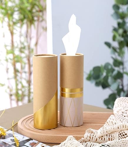 Car Tissue Holder with 3-ply Facial Tissues Bulk - 4 PK Gold Foil Cylinder, for Car, Travel Cup Holder, Refill Box Round Container Kraft thumbnail 2