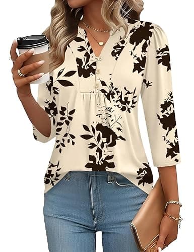 IECCP 3/4 Length Sleeve Womens Tops Dressy Casual Henley V-Neck Summer Tops Pleated T-Shirts Loose Fit Work Blouses - Image 1