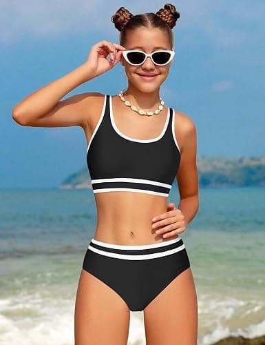 Actglow Girls Swimsuit Double Strap High Waisted Sporty 2 Piece Bikini Sets Swimwear Bathing Suits for Girls Swimsuits thumbnail 3