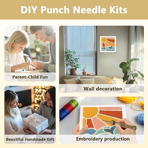 DOODLREAM Bohemian Sun and Ocean Waves DIY Punch Needle Embroidery Kit for Adult Beginner, 24 cm Boho Punch Stitching Craft Set for Starter with Frame, Fabric Pattern, Threader, Yarn, Punch Needle thumbnail 4